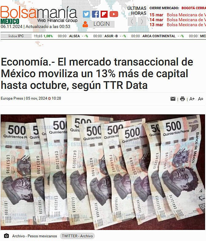 Economa.- El mercado transaccional de Mxico moviliza un 13% ms de capital hasta octubre, segn TTR Data